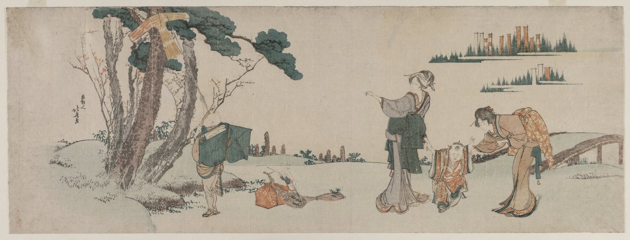 Vrouwen die een Kind Afleiden wiens Vlieger in een Boom Vastzit door Katsushika Hokusai
