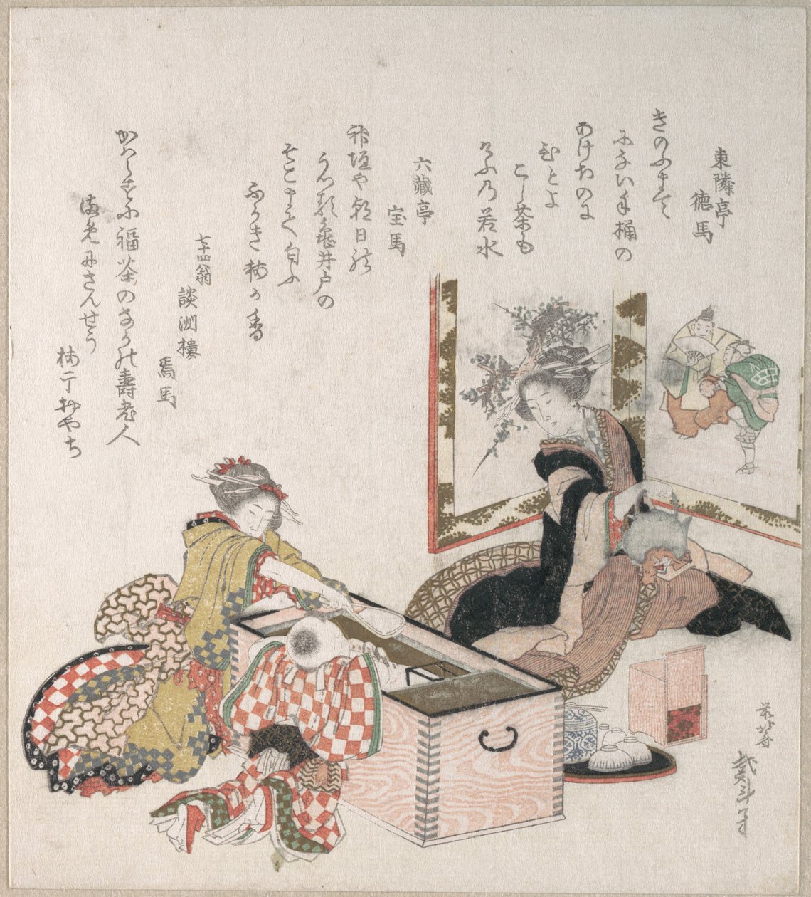 Vrouwen die thee zetten rond de vuurkorf door Katsushika Hokusai