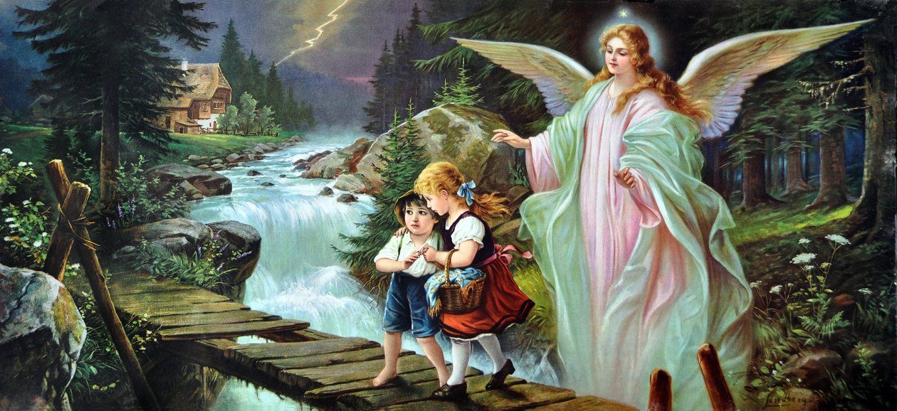 Een beschermengel beschermt twee kinderen die een rivier oversteken op een oude houten brug, begin 20e eeuw door Alec Hunter