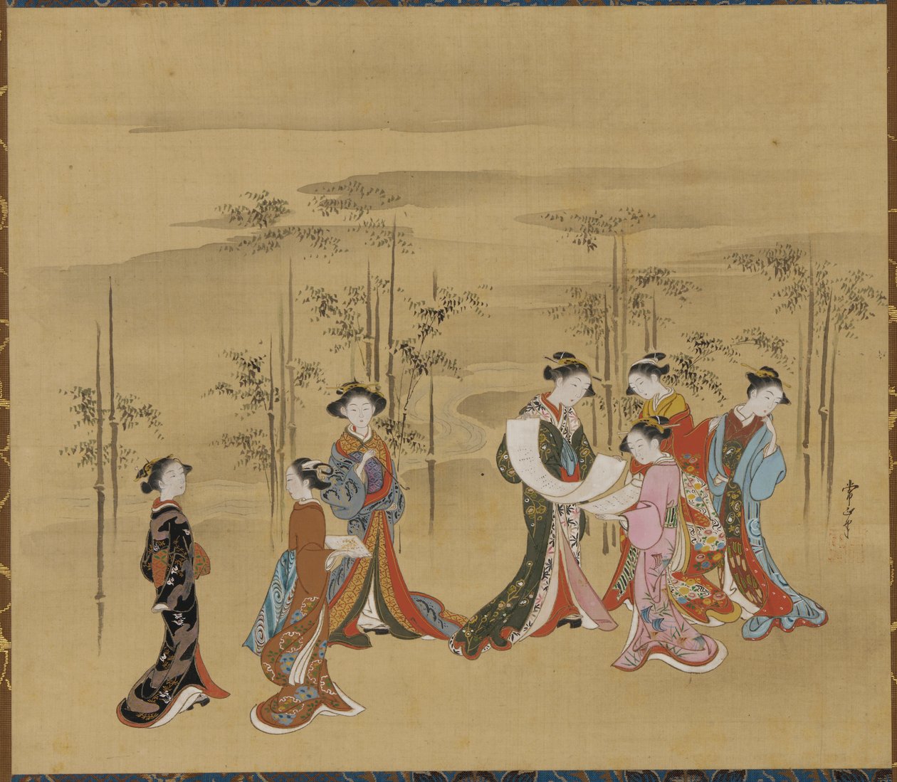 Zeven jonge vrouwen in een bamboebos, 18e eeuw door Kawamata Tsunemasa