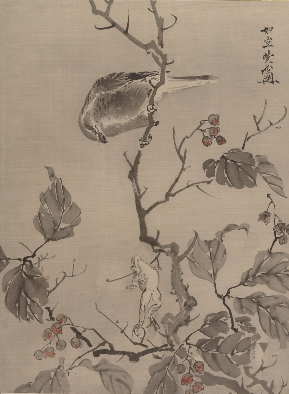 Vogel en kikker, ca. 1887 door Kawanabe Kyosai
