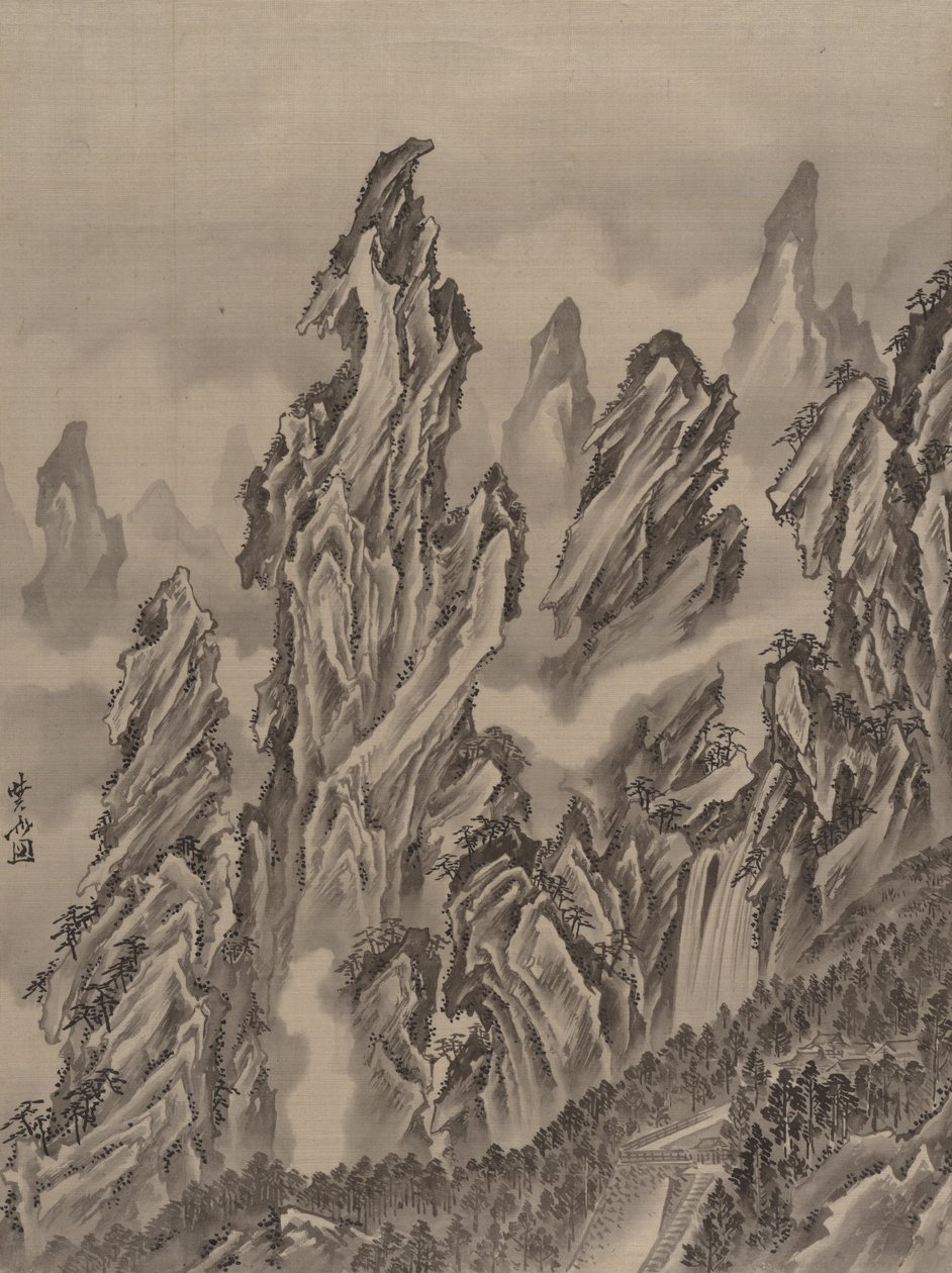 Rotsachtig landschap, ca. 1887 door Kawanabe Kyosai