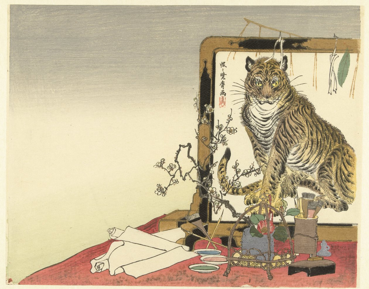 Stilleven met schildersgerei en kamerscherm door Kawanabe Kyosai