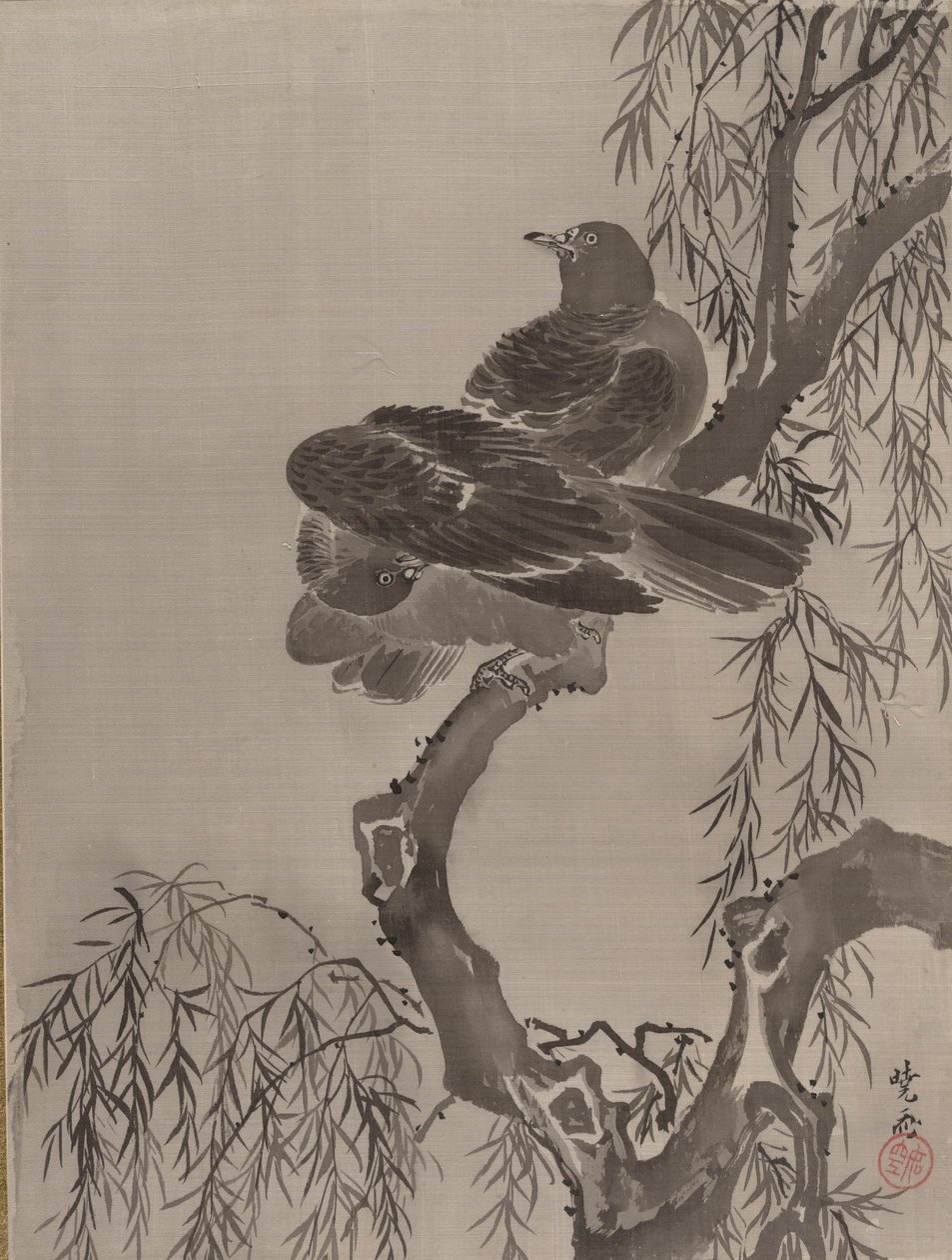 Twee vogels op een tak, ca. 1887 door Kawanabe Kyosai