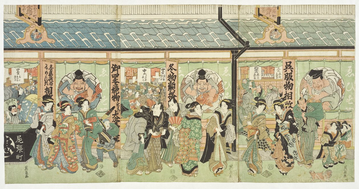 De textielwinkel Ebisuya in de Edo-wijk Owarichō door Keisai Eisen