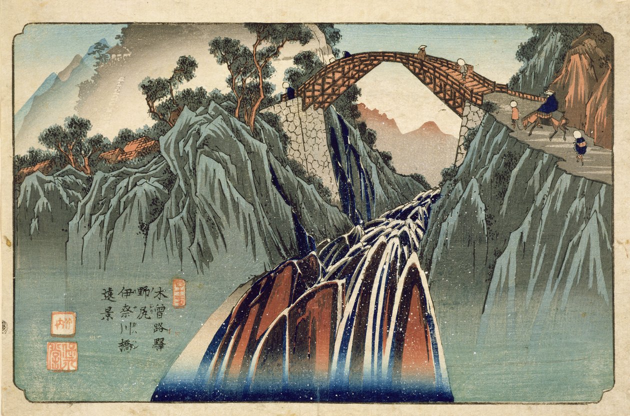 Inagawa brug bij Nojiri, gepubliceerd door Hoeido en Kinjudo, late jaren 1830 door Keisai Eisen