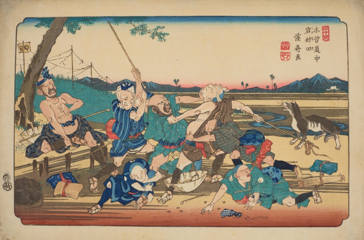 Iwamurata, het gevecht tussen de blinden, plaat 23 uit de serie: De negenenzestig etappes van de Kisokaido-weg / Kisokaido rokujukyu tsugi door Keisai Eisen