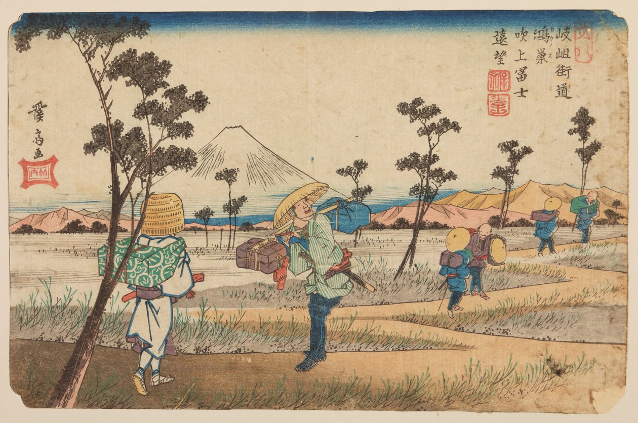 Konosu, een pelgrim en voorbijgangers op een landweg, plaat 8 uit de serie: Negenenzestig etappes van de Kisokaido (een bergachtige binnenweg van Mino naar Shinano) / Kisokaido rokuju-ku zugi door Keisai Eisen