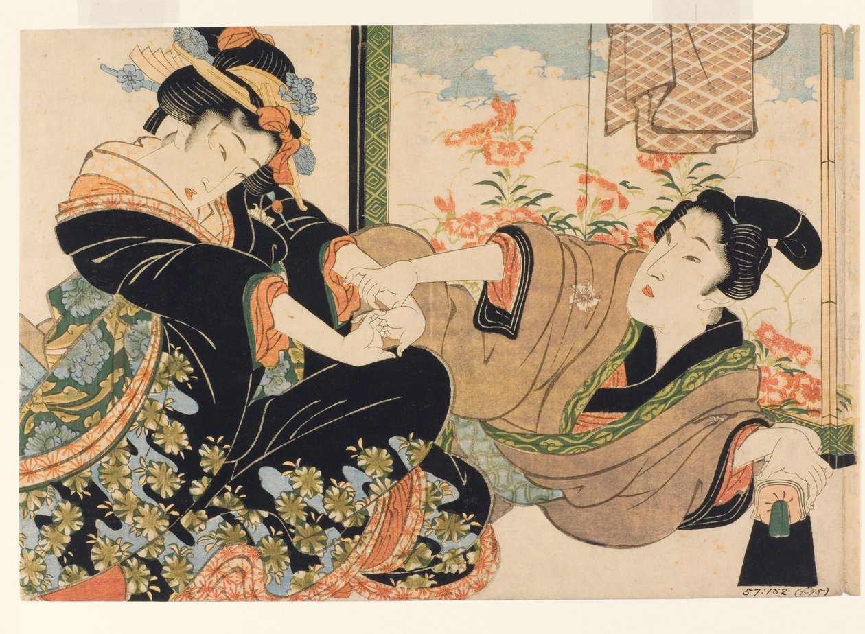 Liefhebbers bij een geschilderd scherm, 1815-25 door Keisai Eisen