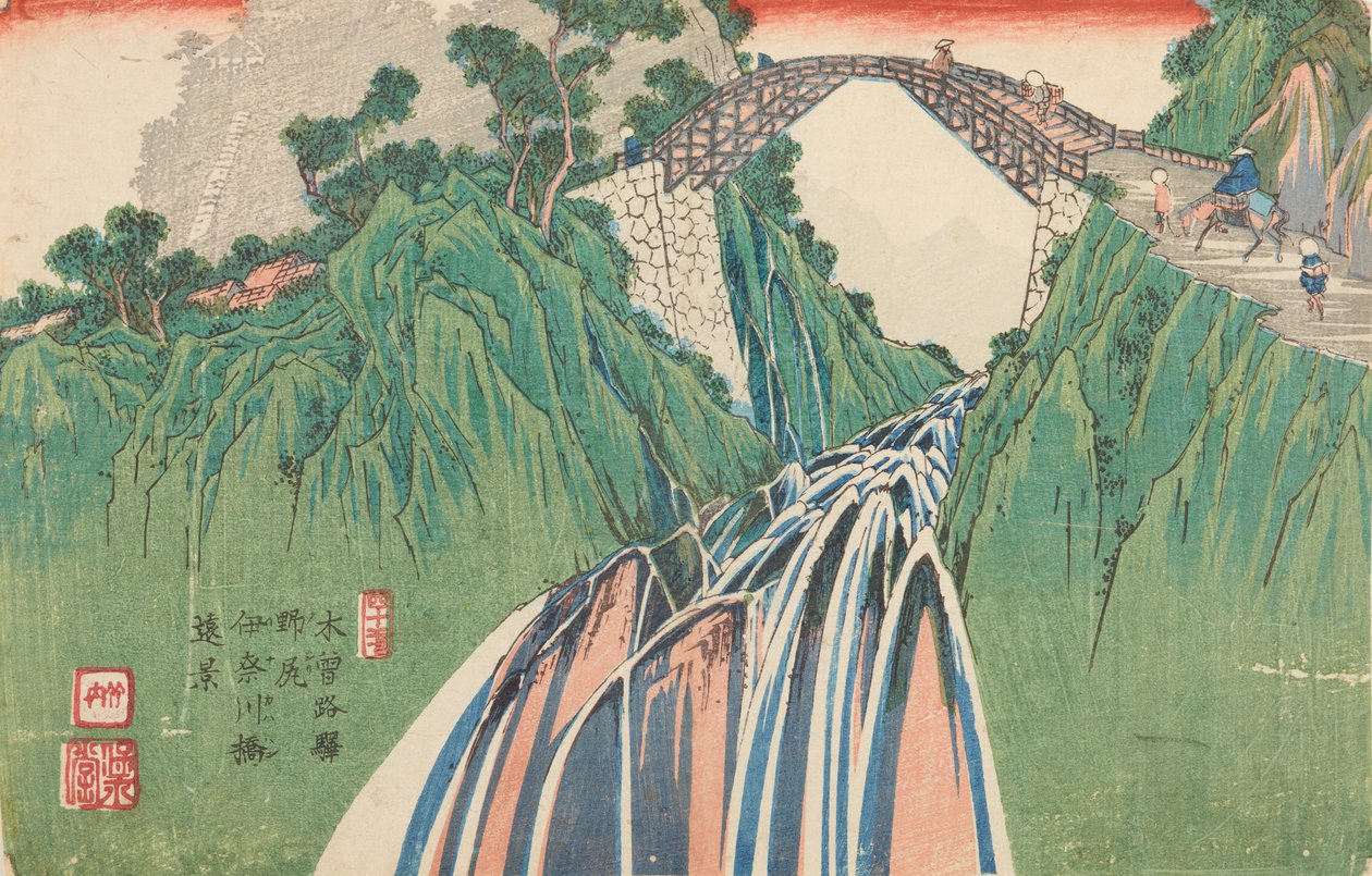 De brug over de rivier Inagawa in Nojiri, plaat 40 uit de serie: De Kisokaido-weg / Kisoi no eki door Keisai Eisen