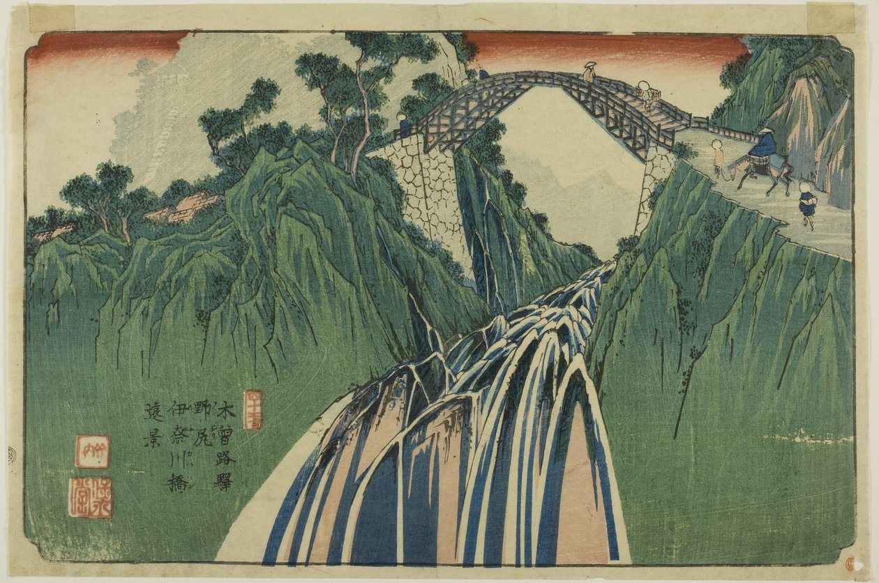 Nr. 41: Ver uitzicht op de Ina River Bridge bij Nojiri (Yonjuichi: Noriji Inagawabashi enkei), uit de serie "[Negenenzestig stopplaatsen van de] Kisokaido". door Keisai Eisen