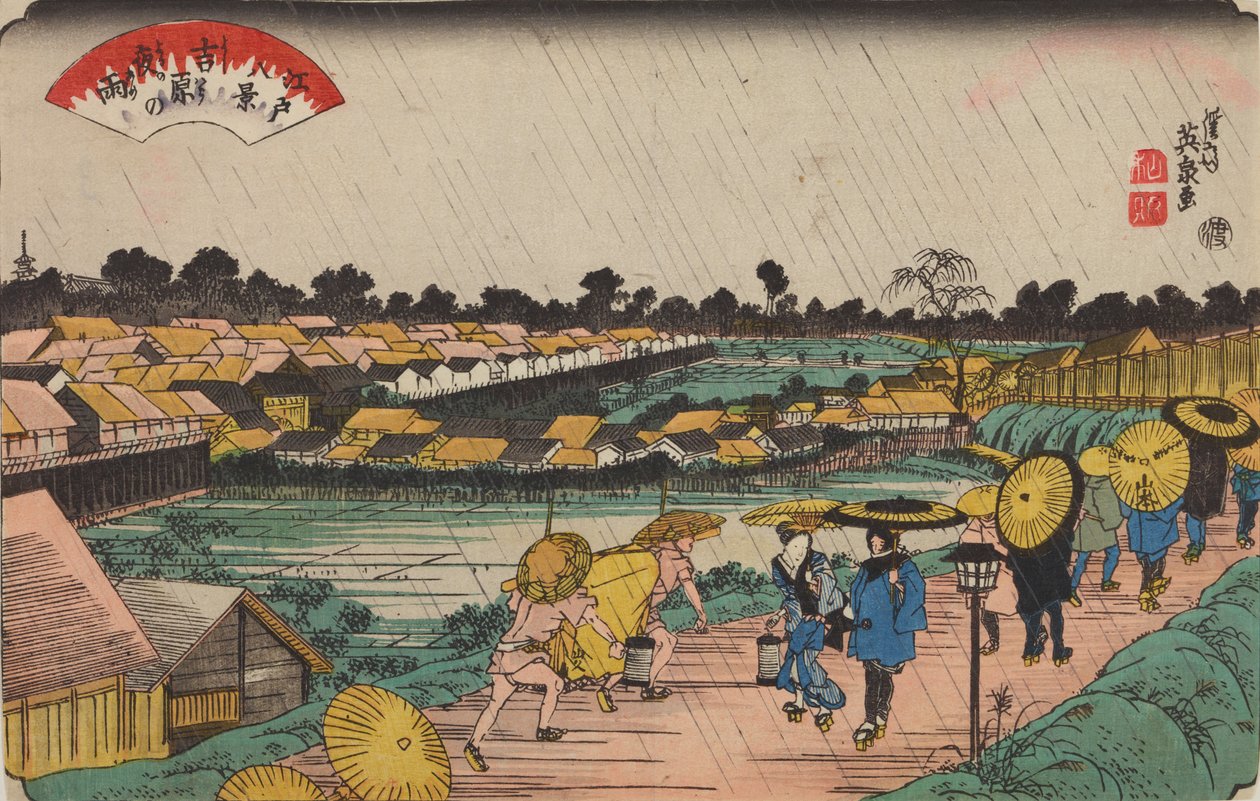 Nachtelijke regen in Yoshiwara / Yoshiwara-no yoru-no ame, uit de serie: Acht gezichten op Edo / Edo hakkei door Keisai Eisen