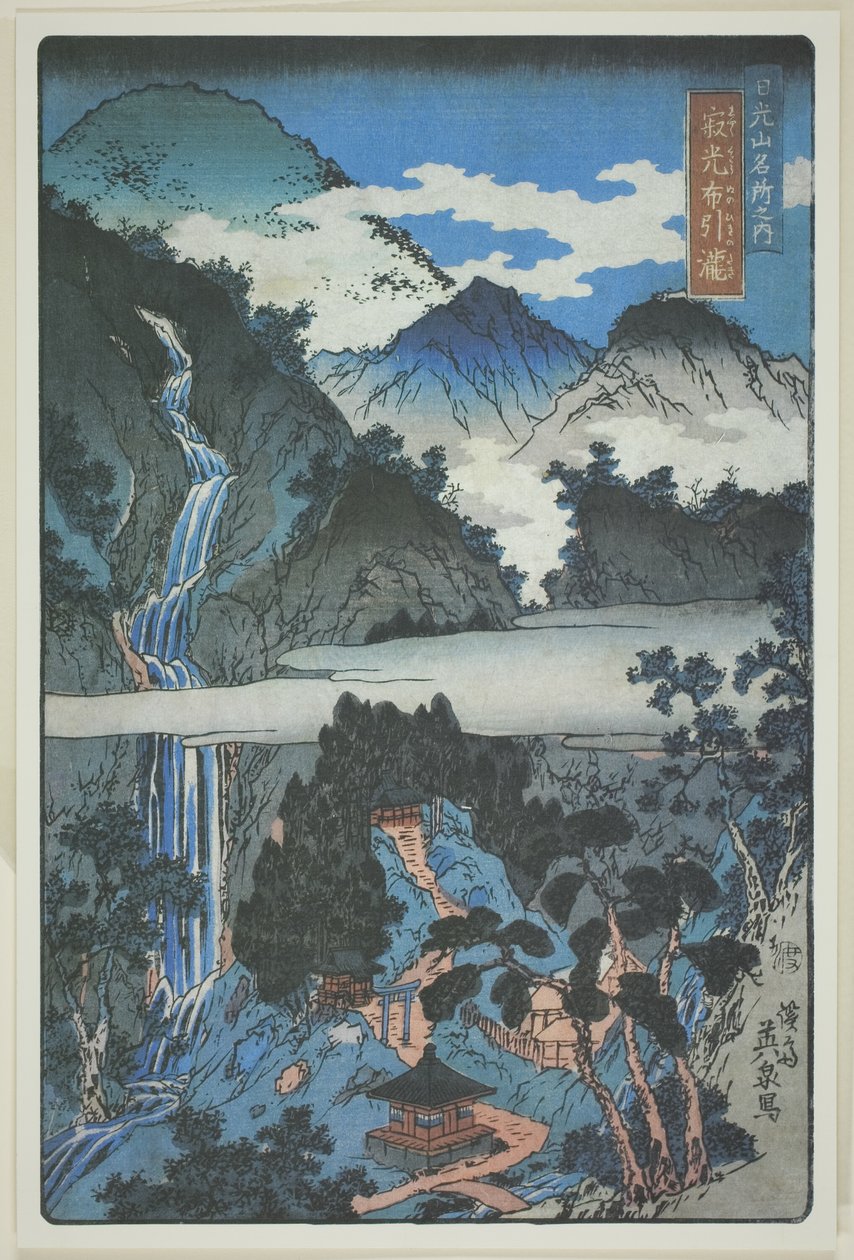 Nunobiki watervallen bij Jakko Shrine (Jakko Nunobiki no taki), uit de serie "Landschappelijke plekken in de bergen van Nikko (Nikkosan meisho no uchi)". door Keisai Eisen