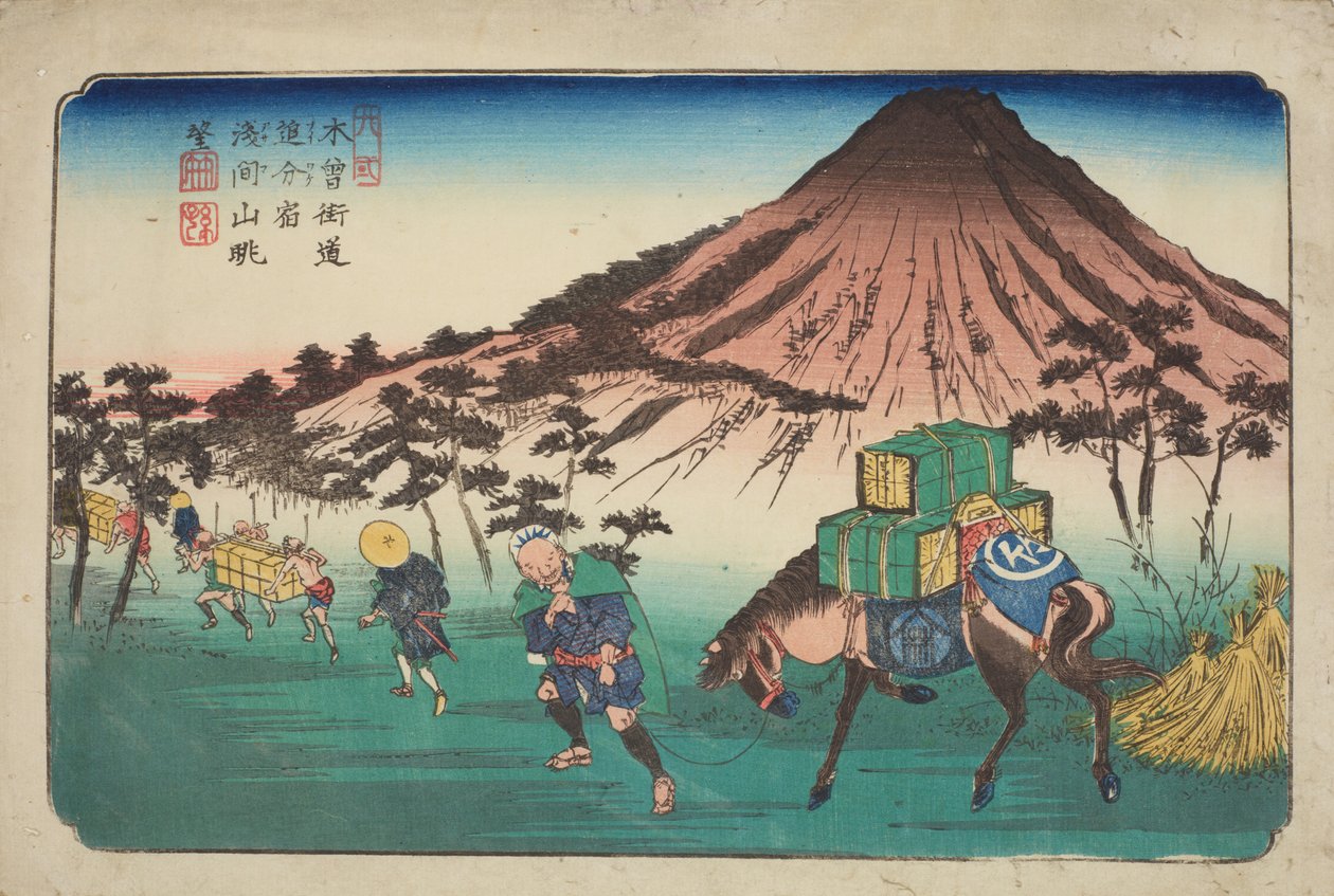 Oiwake, reizigers met een paard die een berg passeren, plaat 22 uit de serie: De negenenzestig stations van de Kisokaido-weg door Keisai Eisen