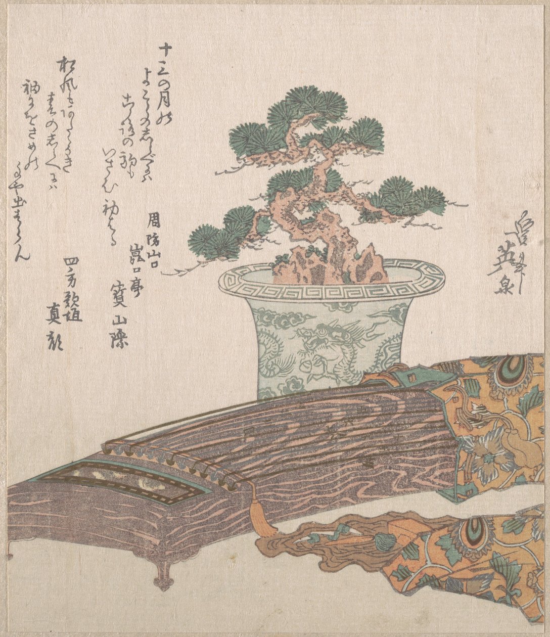 Dennenboom in pot en koto (Japanse harp) door Keisai Eisen