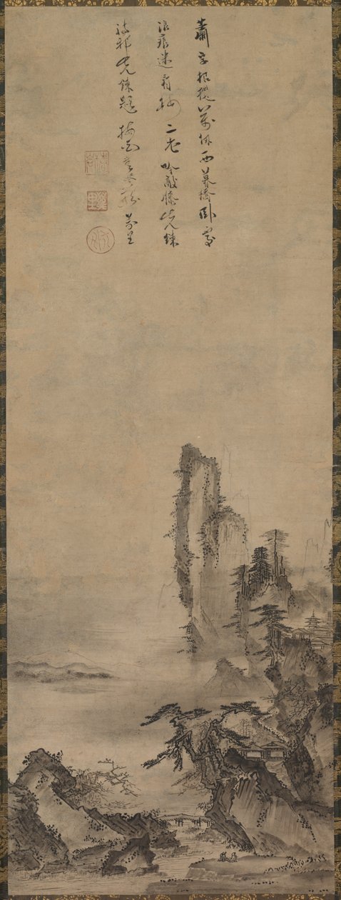 Eenzaam tempel en torenhoge klif, ca. 1480 door Kenkō Shōkei