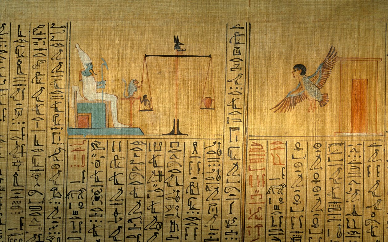 Papyrus uit het graf van Maiherpri; Vallei der Koningen; Ba verlaat graf; weging van het hart door Kenneth Garrett