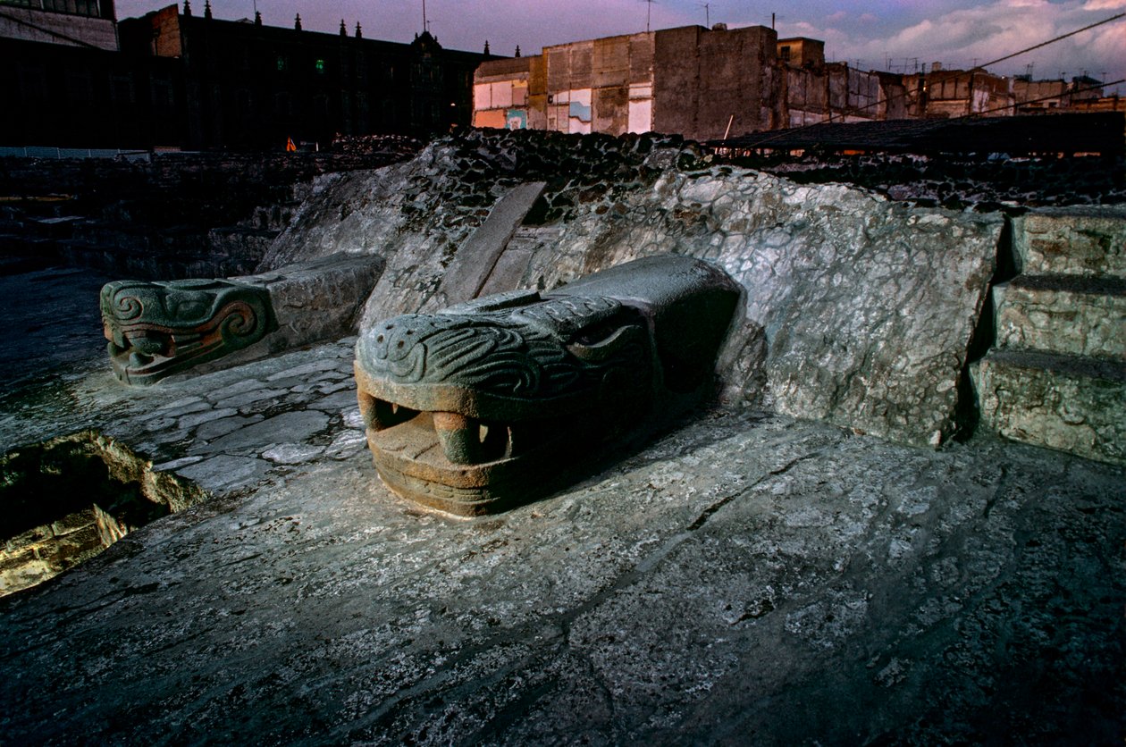 Slangenreplica op Grote Tempel, Tenochtitlan, Templo Mayor, Azteeks, Mexico, Mexico-Stad door Kenneth Garrett
