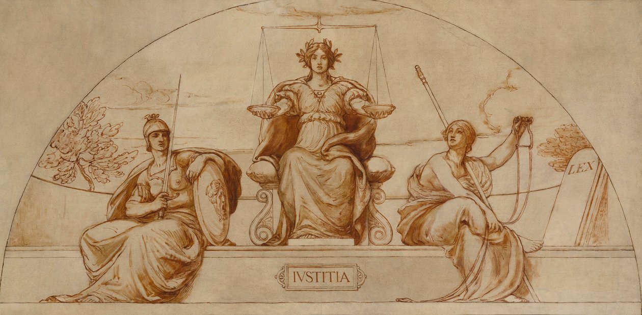 Cartoon voor muurschildering van de hoofdstad van Minnesota, "Instituut voor Justitie". door Kenyon Cox