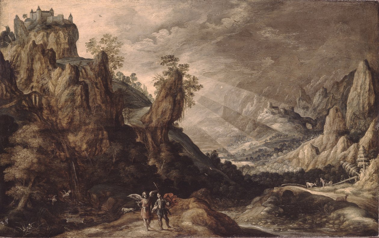 Landschap met Tobias en de Engel door Kerstiaen Keuninck de