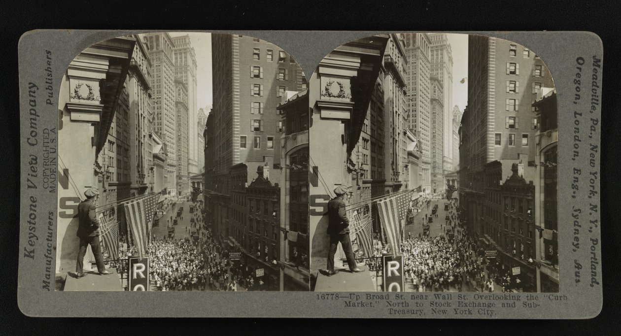 Broad St. bij Wall St., met uitzicht op de "Curb Market," noordwaarts naar Stock Exchange en Sub-Treasury, New York City door Keystone View Company