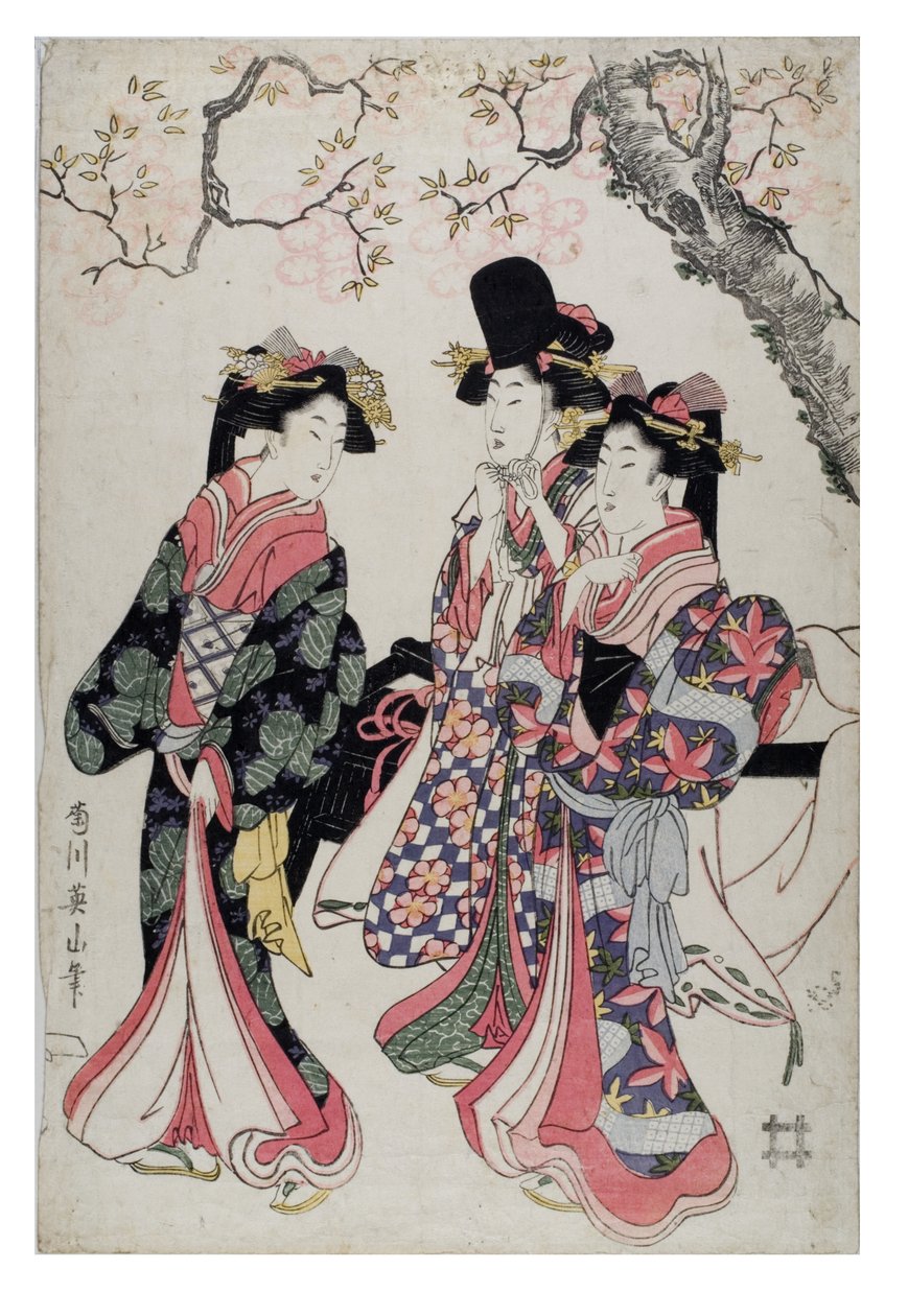 Drie courtisanes wandelen onder een bloeiende kersenboom. Gekleed in hofkostuum, ca. 1790-1815 (houtsnede op papier) door Kikugawa Eizen