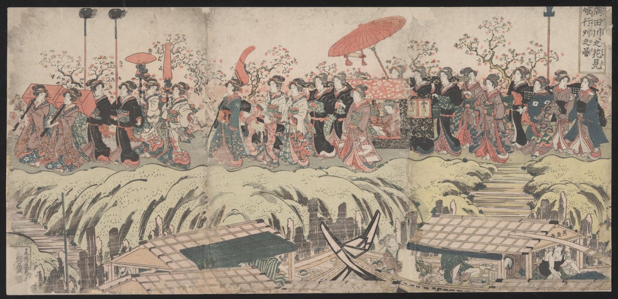 Kersenbloesem kijkprocessie langs de Sumida-rivier door Kikukawa Eizan