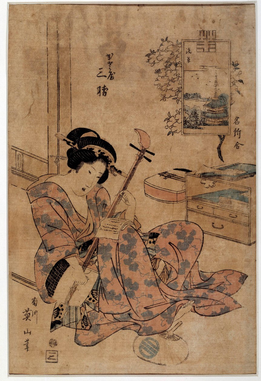 Japanse kunst: muzikant. Prenten door Eizan Kikugawa (1787-1867) 18e eeuw Rennes, Musee des Beaux Arts door Kikukawa Eizan