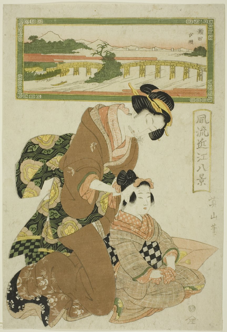 Avondgloed bij Seta (Seta sekisho), uit de serie "Modieuze Acht Zichten van Omi (Furyu Omi hakkei)" door Kikukawa Eizan