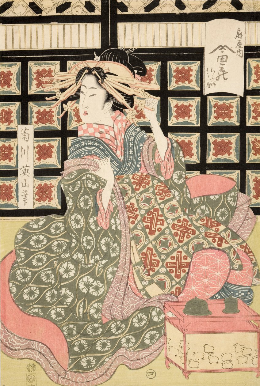 Ukiyo-e afdruk van courtisane door Kikukawa Eizan