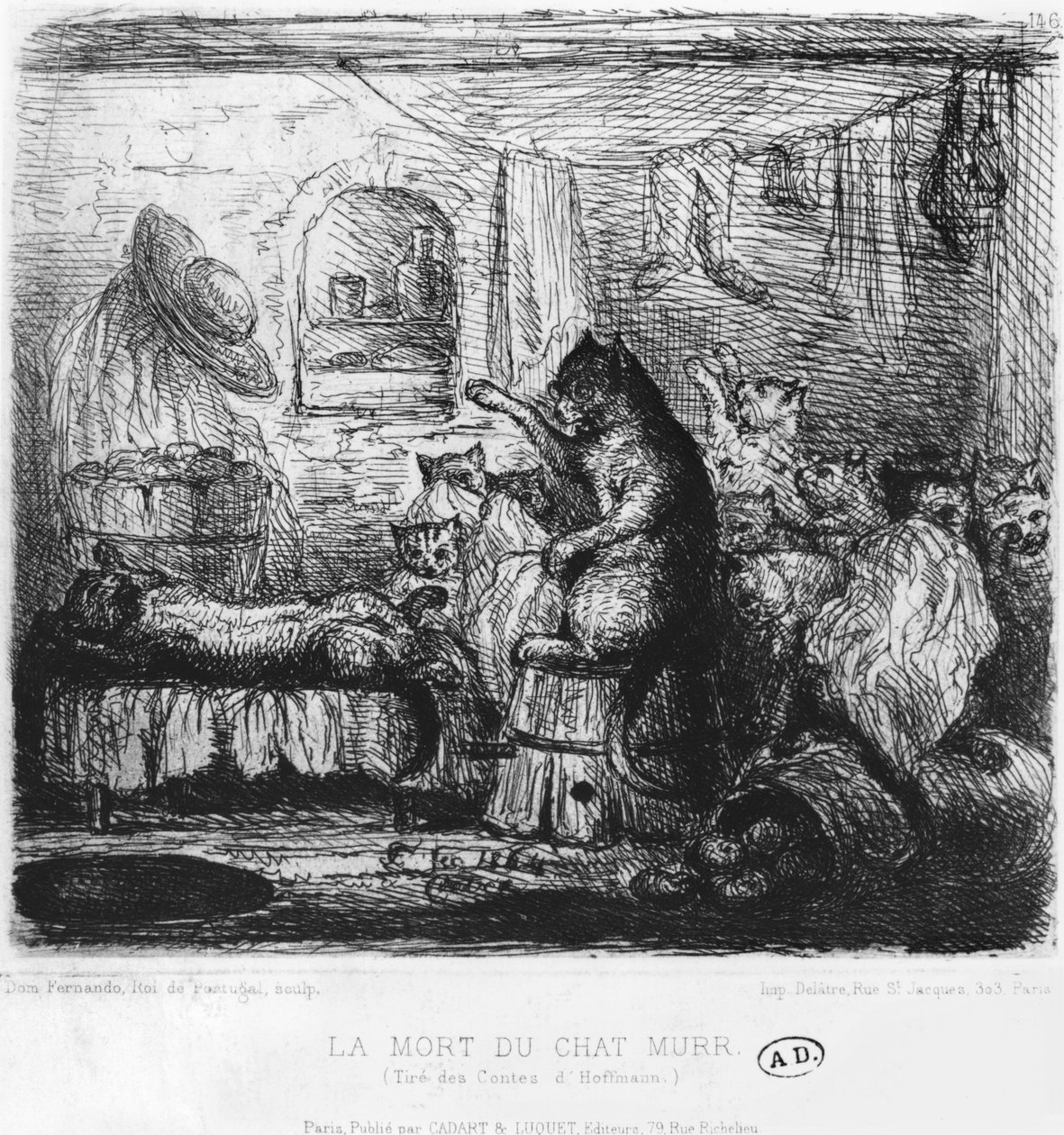 Dood van Kat Murr, illustratie uit Die Lebensansichten des Katers Murr door Ernst Theodor Amadeus Hoffmann (1776-1822) gepubliceerd 1820-22 door King of Portugal Fernando II