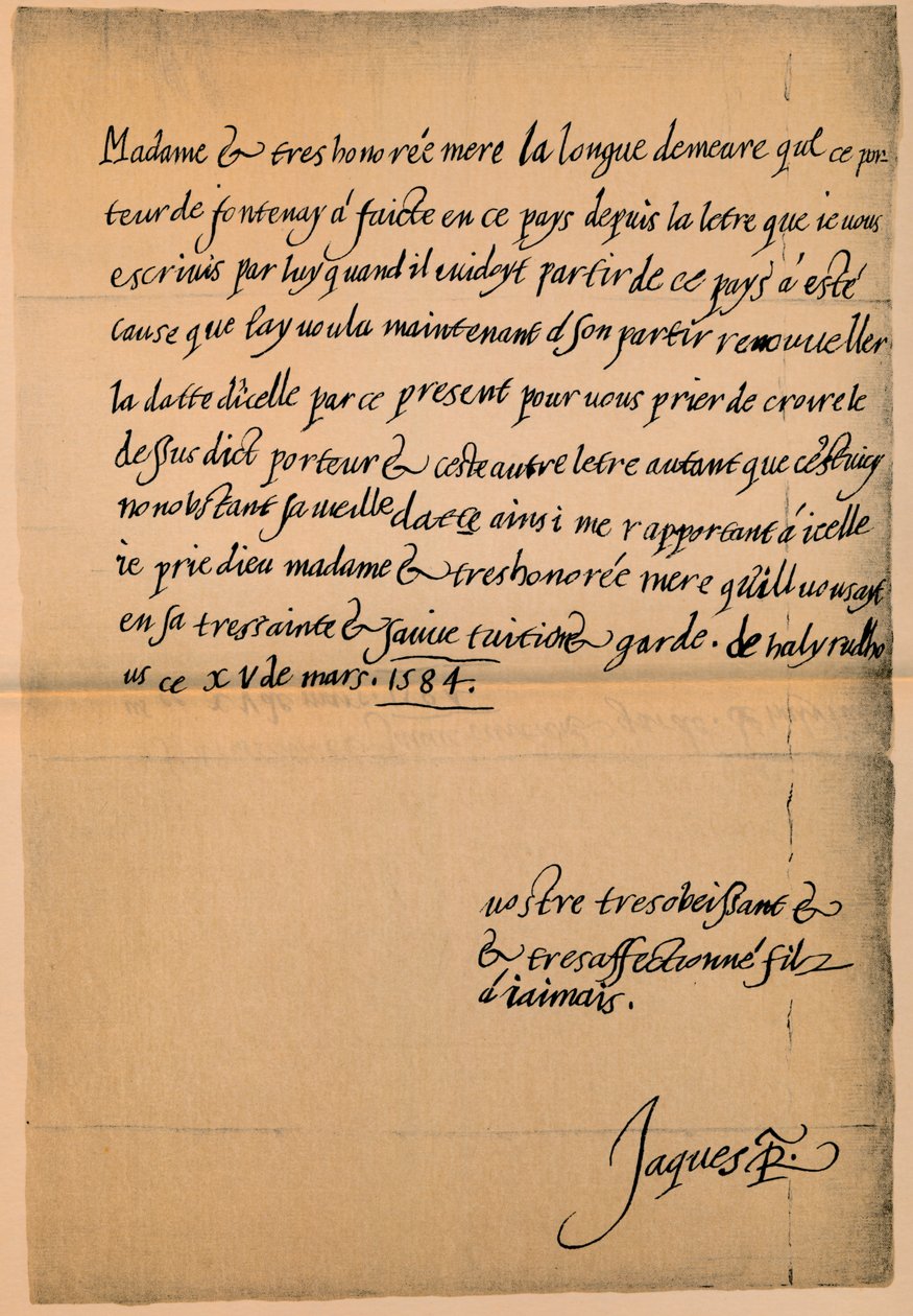 Brief van Koning James VI 1566-1625 aan zijn Moeder, Koningin Mary 1542-1587, 1584-5 door King James I