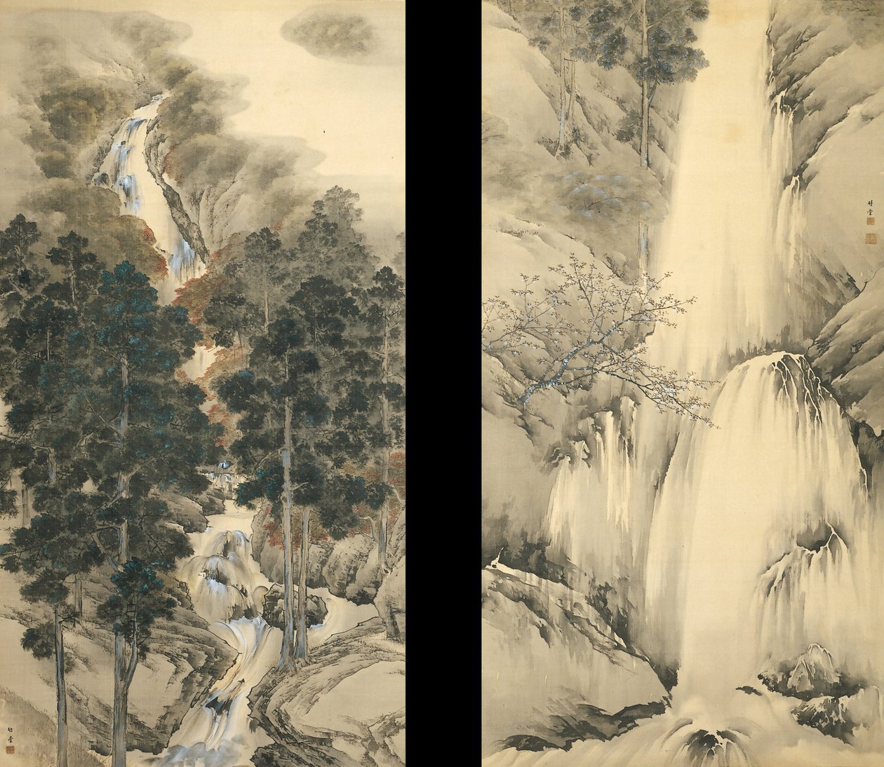 Waterval in lente en herfst Set van twee hangende rollen, 1893 door Kishi Chikudo
