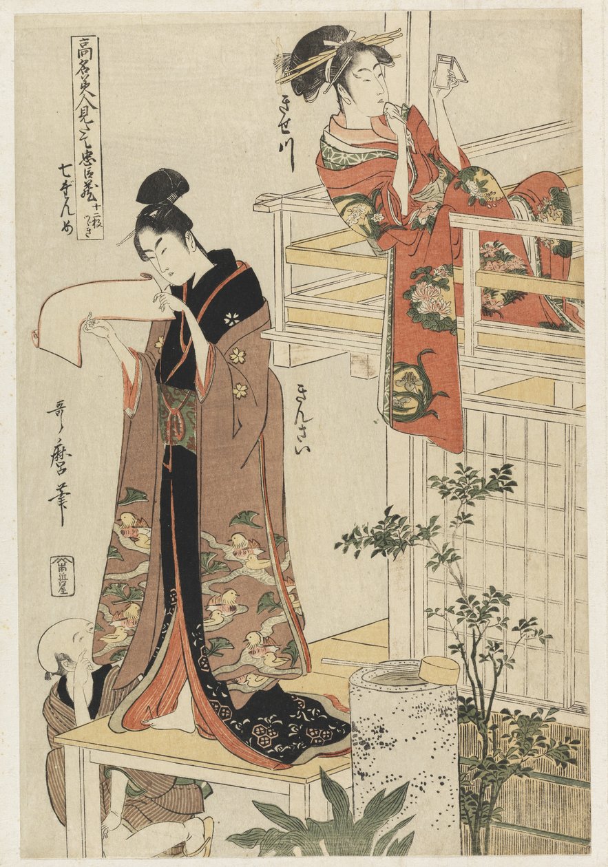 P.354-1945 Scene 7, Vergelijking van beroemde schoonheden en de loyale liga, ca. 1797 (kleur houtsnede) door Kitagawa Utamaro