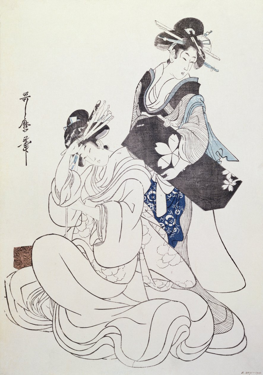 Twee Vrouwelijke Figuren door Kitagawa Utamaro