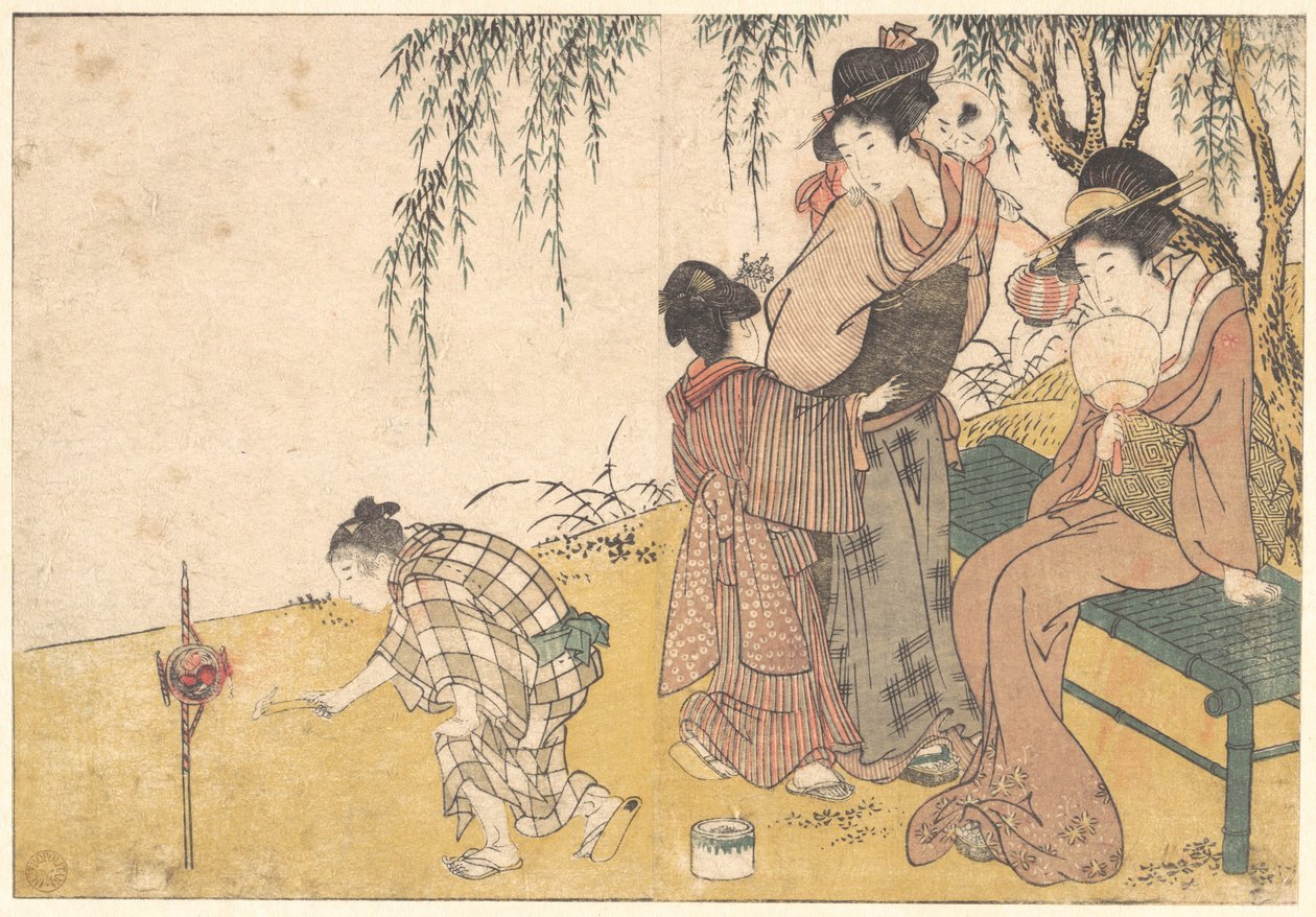 Een kind dat vuurwerk afsteekt, uit het prentenboek *Bloemen van de vier seizoenen* door Kitagawa Utamaro