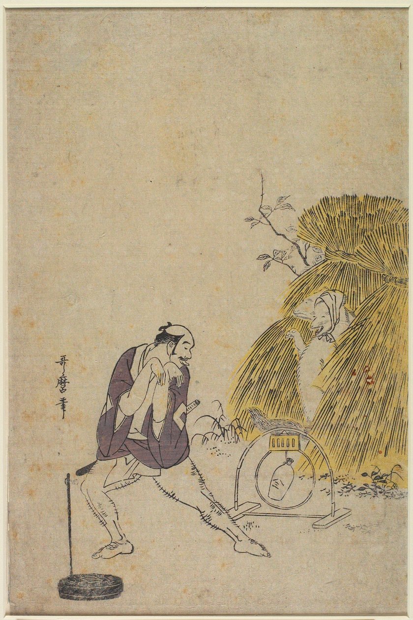 Een lakei (Yakko) die een val voor een vos bespot door Kitagawa Utamaro
