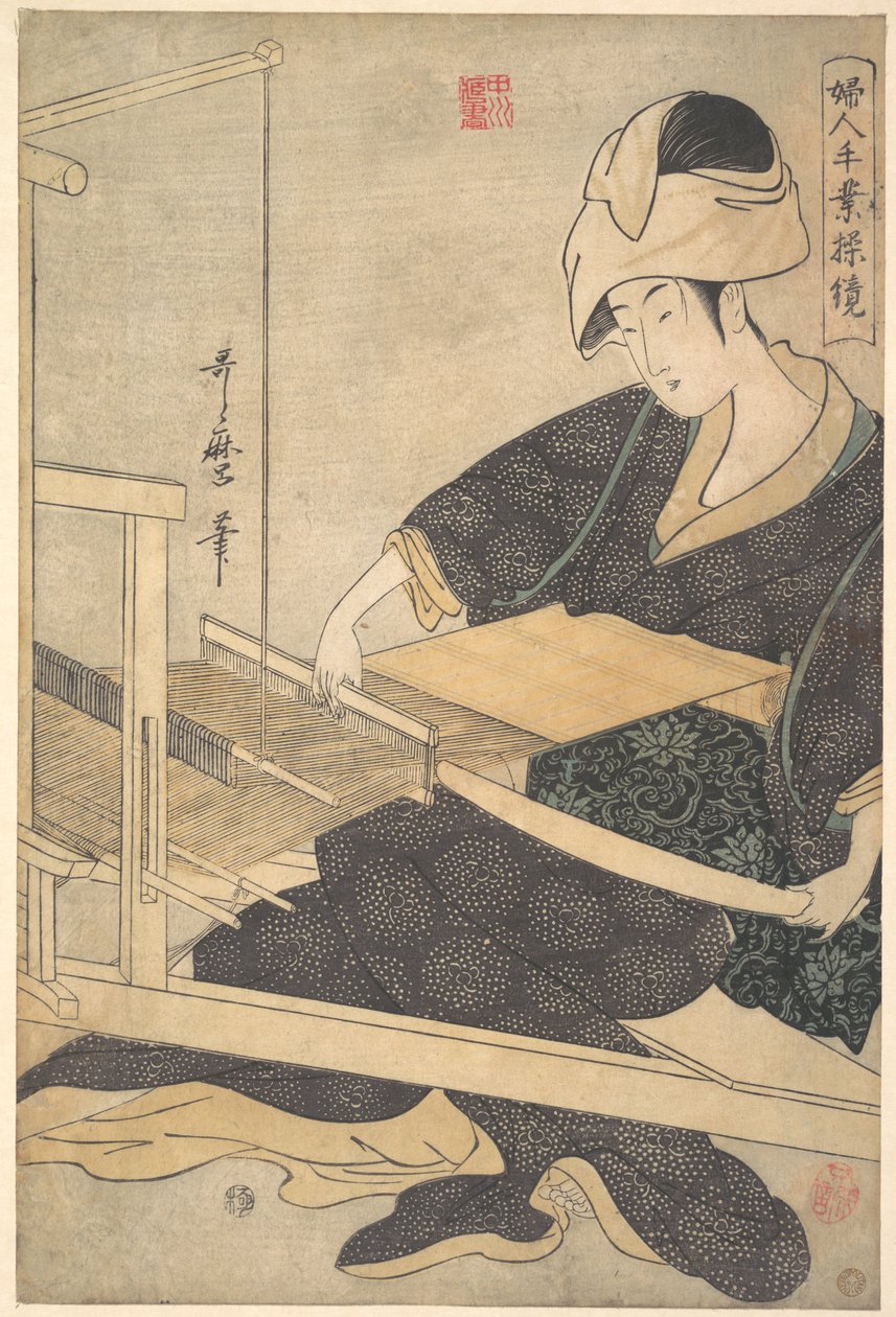 Een vrouw die zit te weven aan een handweefgetouw door Kitagawa Utamaro