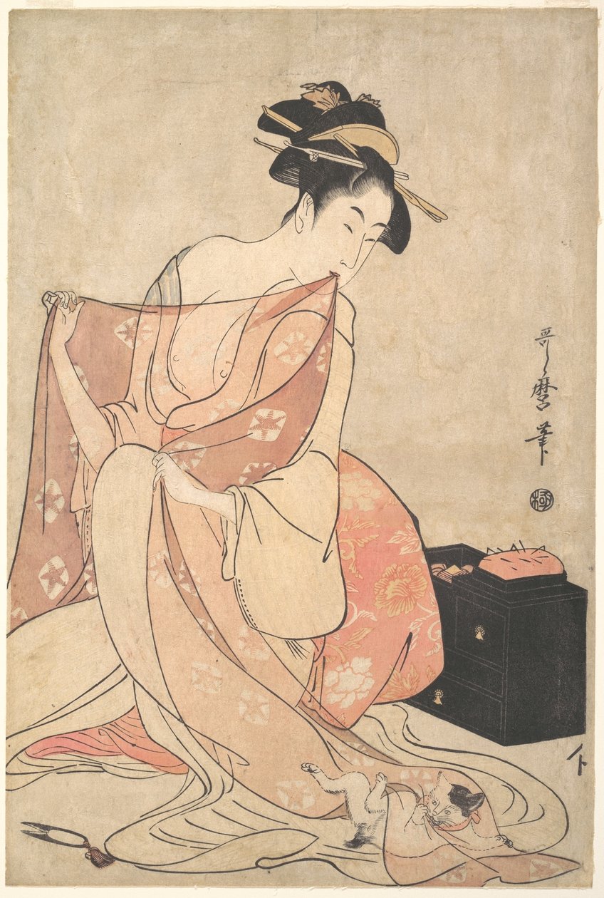 Een vrouw en een kat door Kitagawa Utamaro