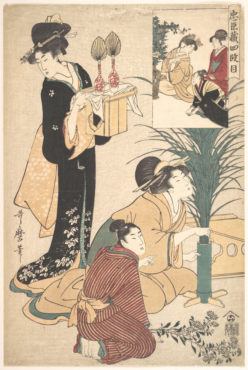 Een vrouw en een man die bloemen schikken voor het Tsukimi (Maanfeest) door Kitagawa Utamaro