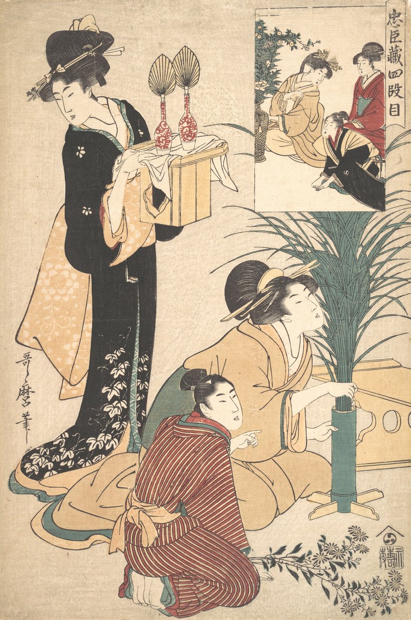 Een vrouw en een man die bloemen schikken voor het Tsukimi-maanfeest door Kitagawa Utamaro