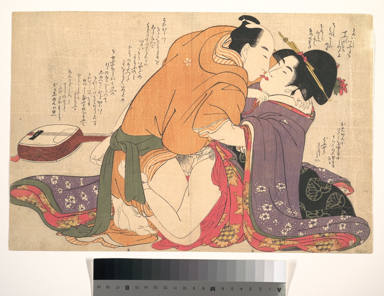 Een stel dat de liefde bedrijft naast een shamisen, een blad uit *Unravelling the Threads of Desire* (*Negai no ito-guchi*) door Kitagawa Utamaro