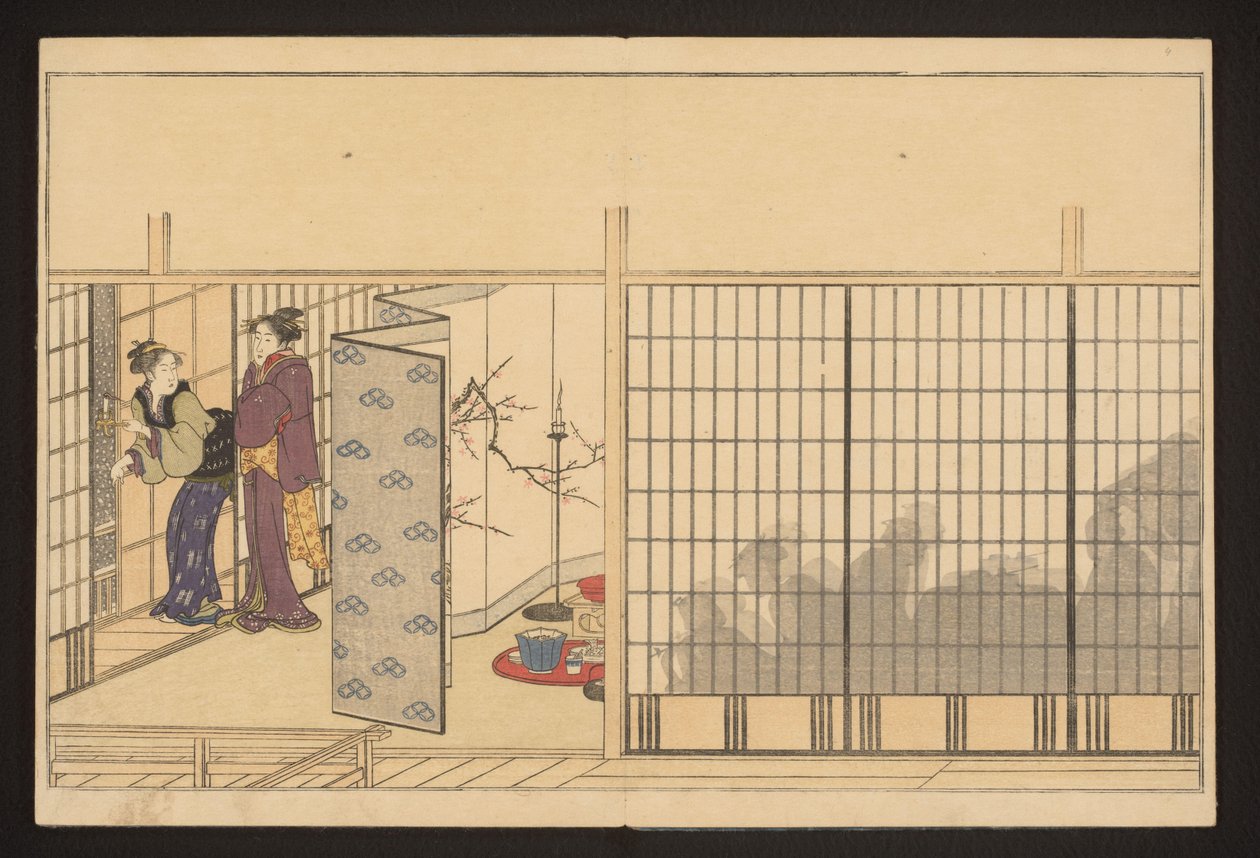 Een feest in een huis met twee vrouwen links door Kitagawa Utamaro