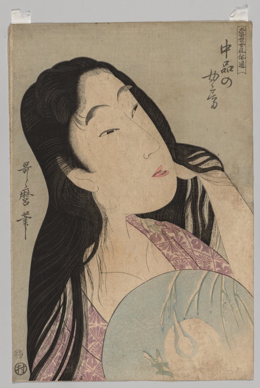 Buste van vrouw met los haar die waaier vasthoudt, 1753-1806 door Kitagawa Utamaro