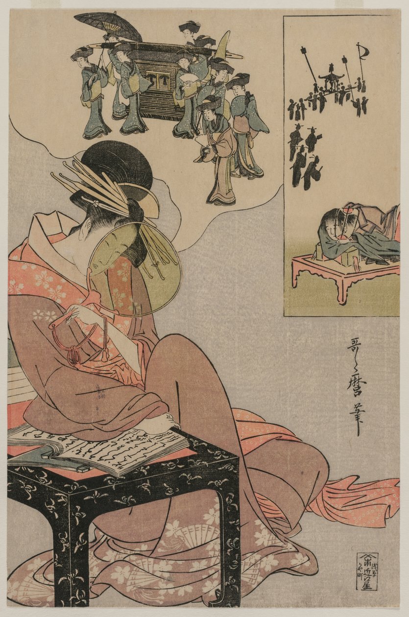 Een courtisane die droomt van een bruiloftsstoet door Kitagawa Utamaro