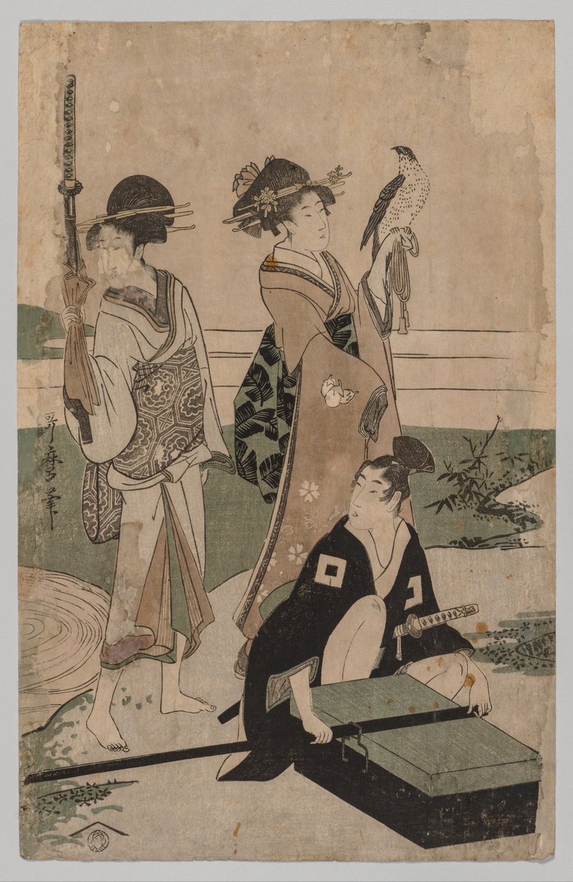 Daimyo en zijn gevolg steken een stroom over in de vlakte bij Fuji door Kitagawa Utamaro