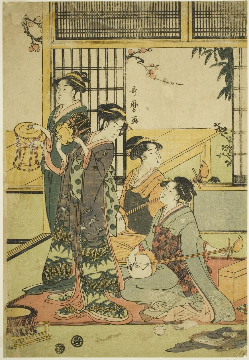 Drums en Shamisen (kleur houtsnede; aiban) door Kitagawa Utamaro