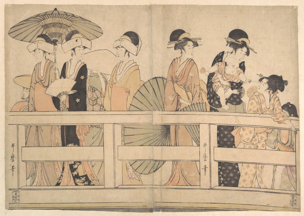 Genieten van het koele avondbriesje op en onder de brug door Kitagawa Utamaro