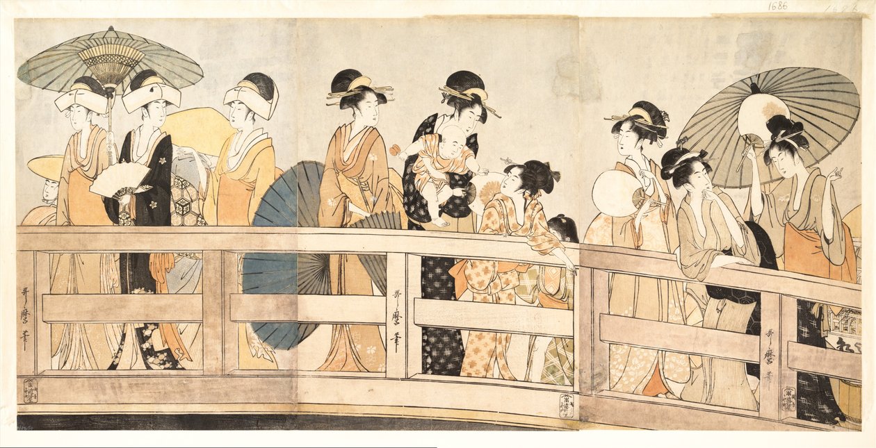 Genieten van het koele avondbriesje op en onder de brug door Kitagawa Utamaro