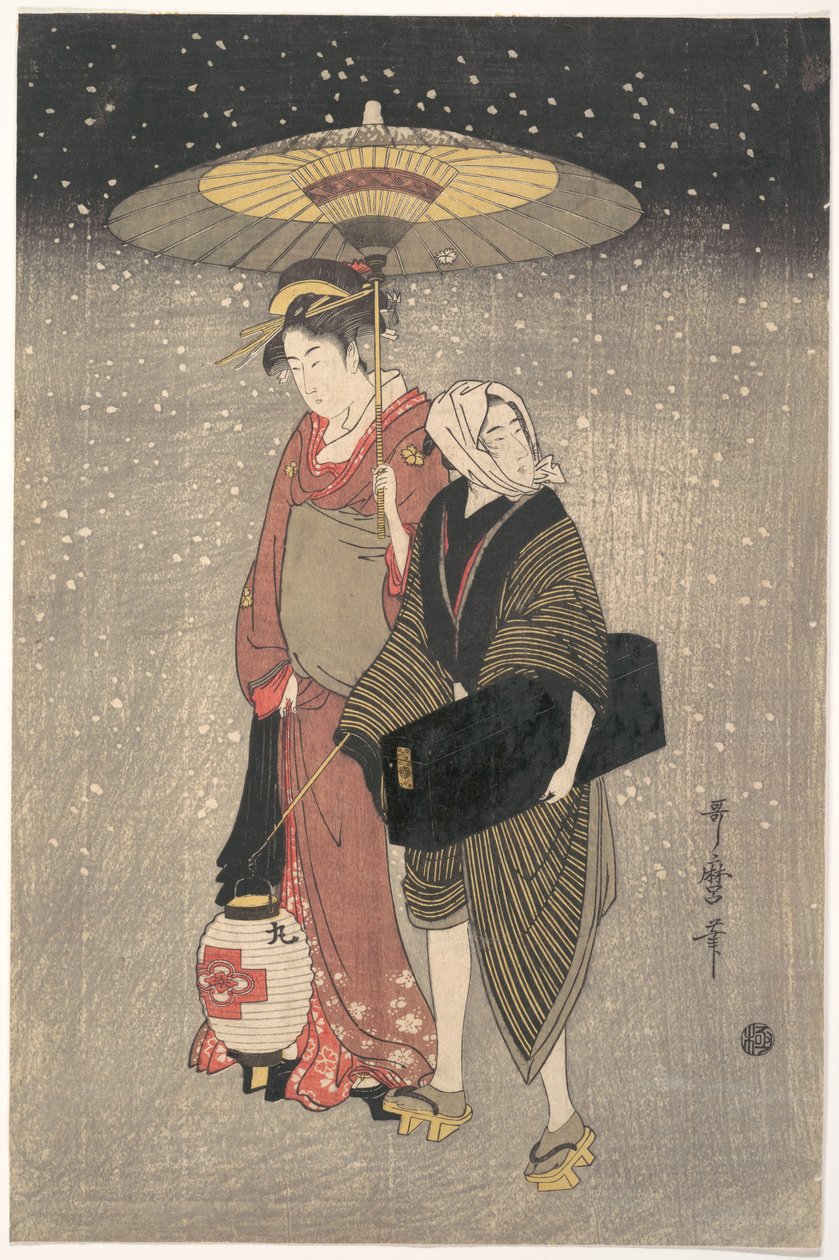 Geisha die ’s nachts door de sneeuw loopt door Kitagawa Utamaro